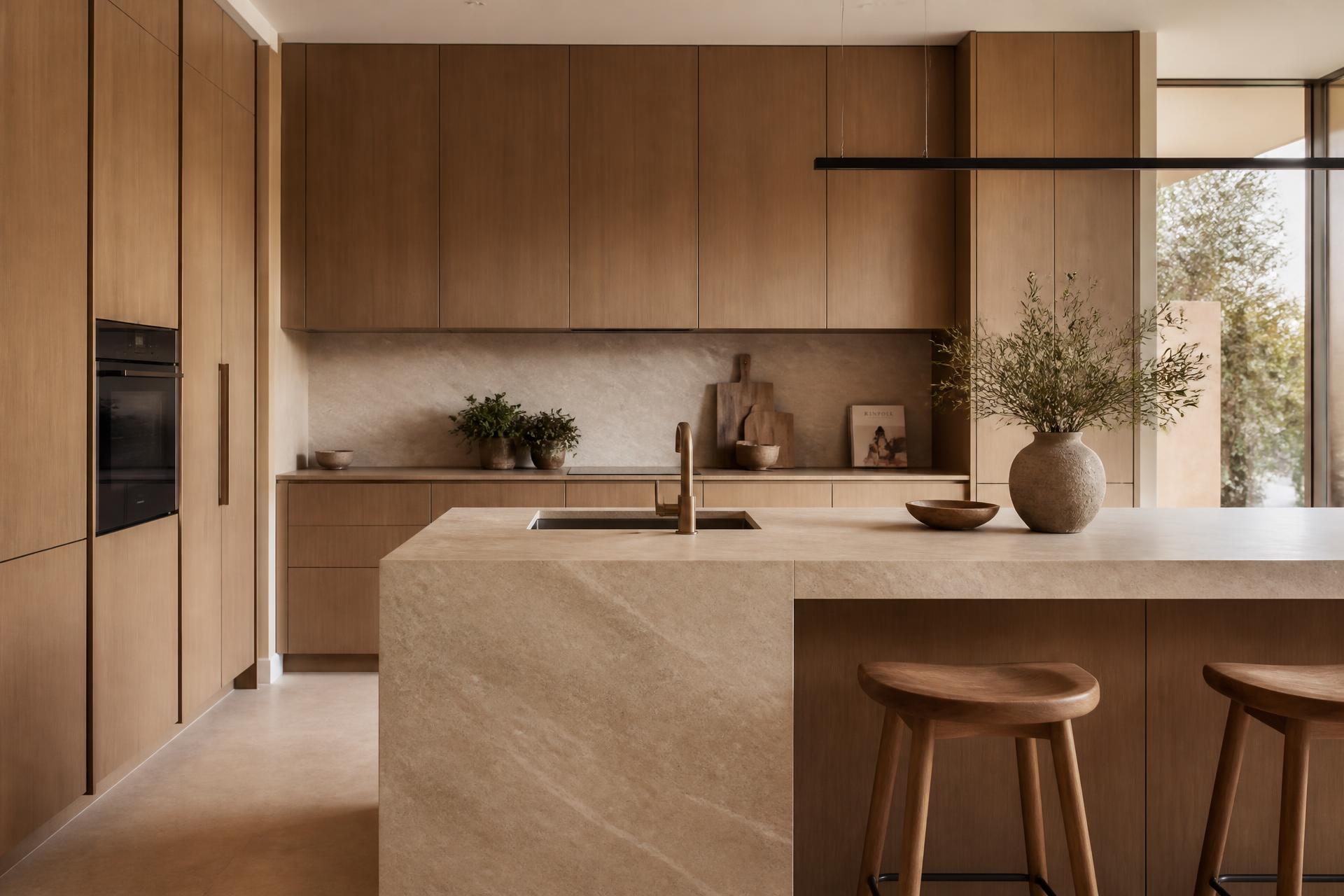 Cozinha planejada de alto padrão com ilha amadeirada, vaso de plantas e luz natural assinada pela CAPI Design